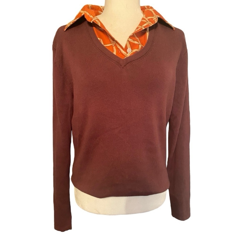 J. McLaughlin Womens Brown Sweater Collared Shirt Combo